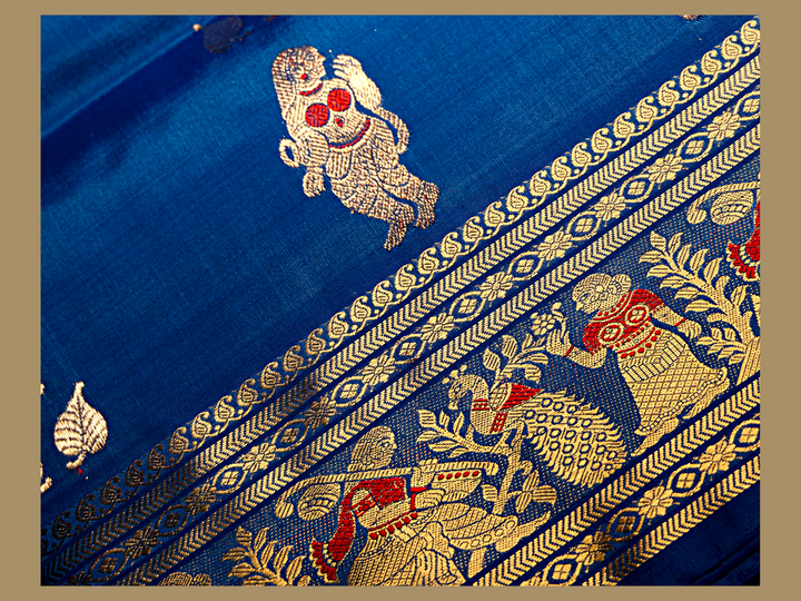 Blue with golden and red thread work Saree
