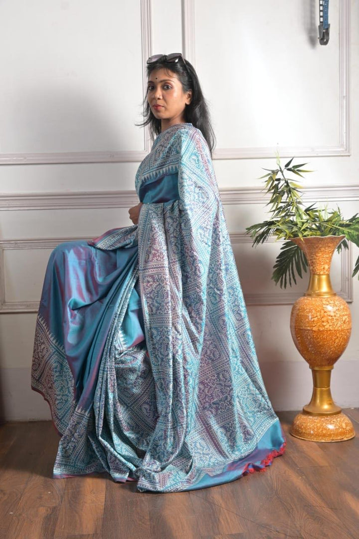 Sky blue dual tone with block prints Saree