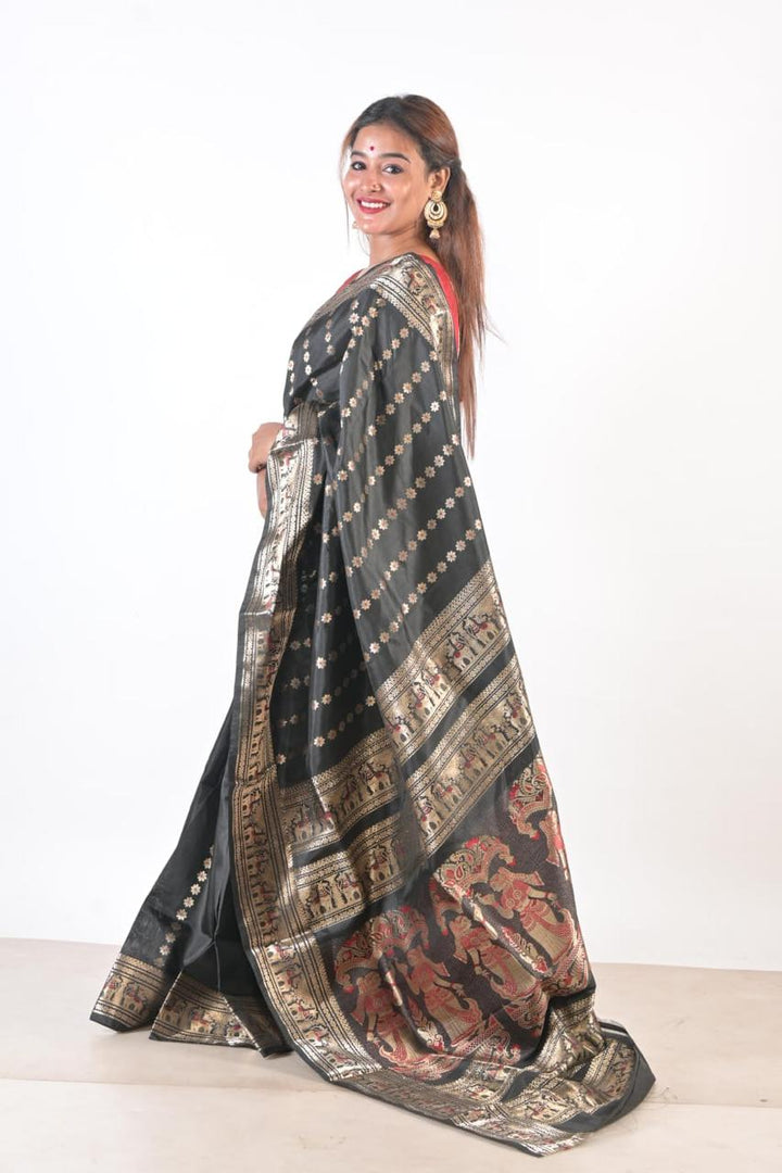 Black with Golden and red thread work Saree