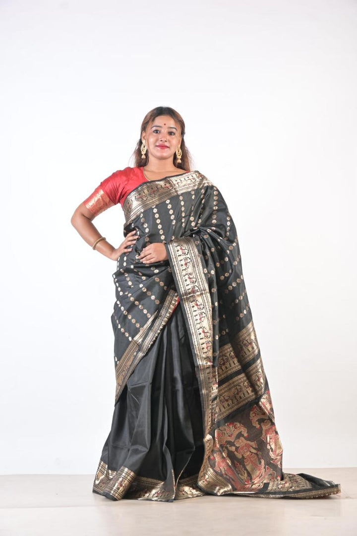 Black with Golden and red thread work Saree