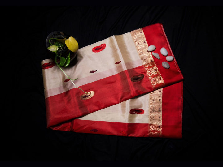 Pure Gorod Silk saree in red & white combination with golden thread & meenakari work