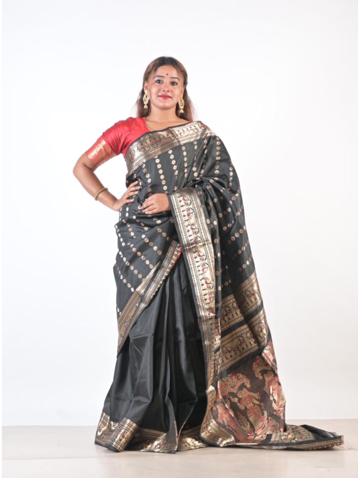 Black with Golden and red thread work Saree