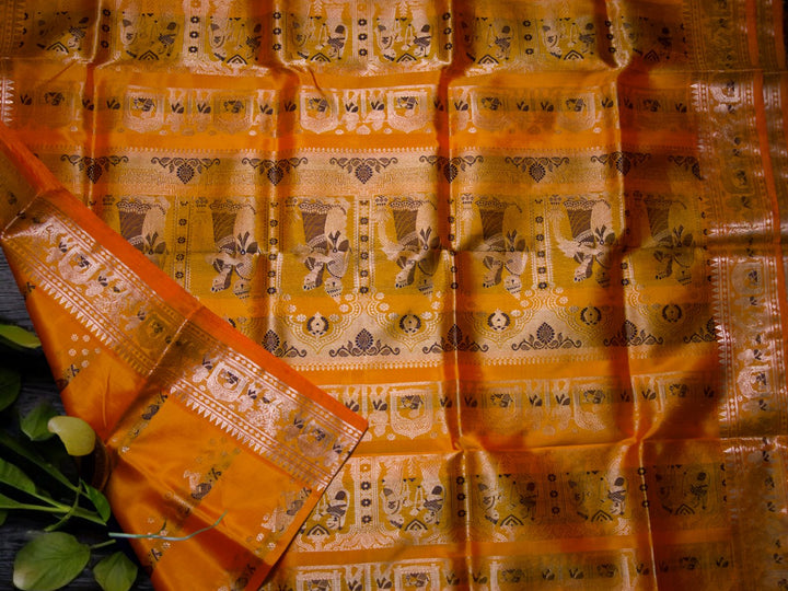 Yellow with golden and black thread work Saree